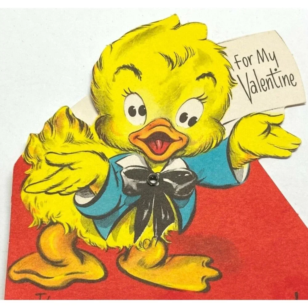 Valentines Day Vintage Greeting Card Duck Moving Eyes Yellow Duckling 1940s Anth